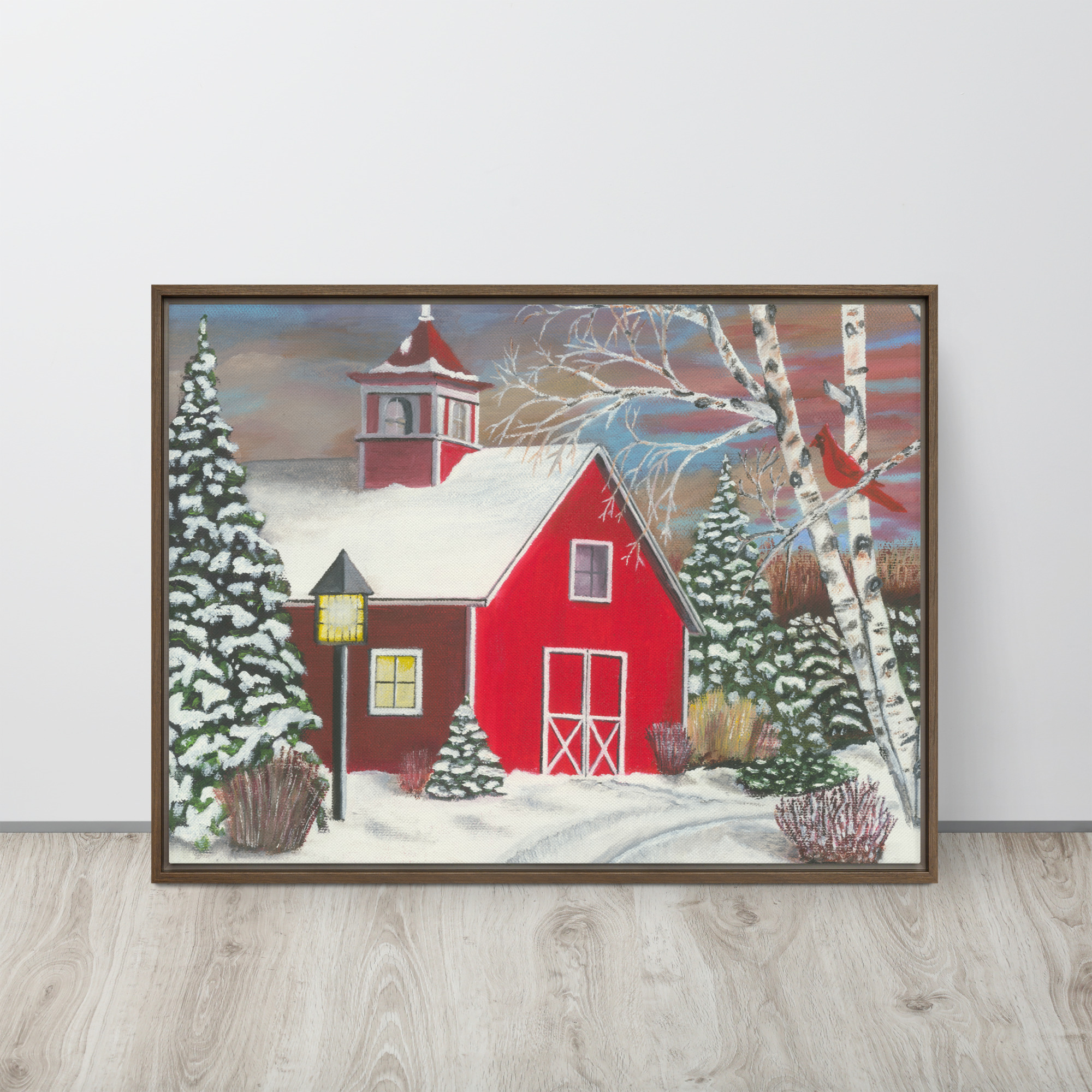 Canadian landscape painting of red barn in winter with cardinals