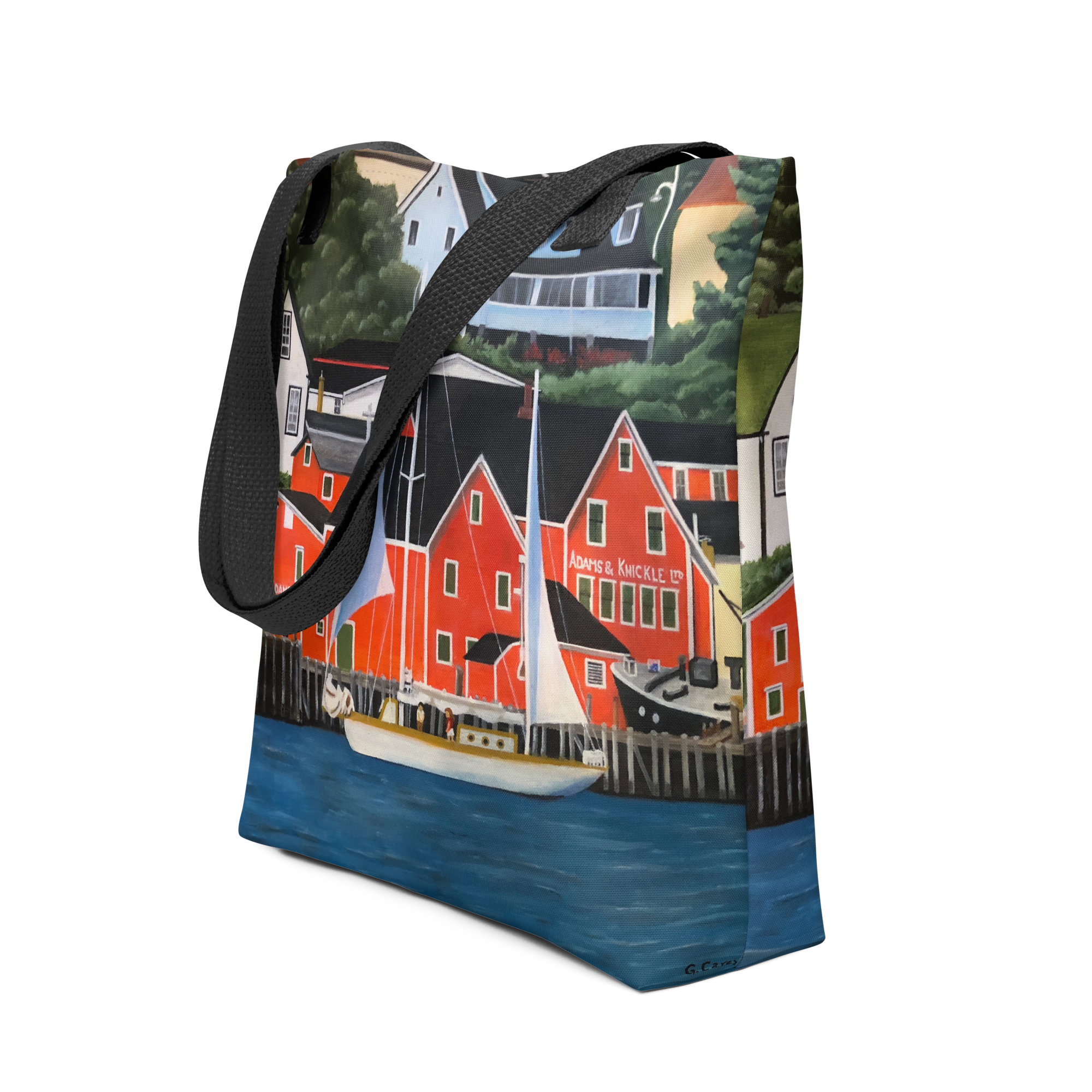 Nova Scotia landscape painting of Lunenburg Harbor on tote bag