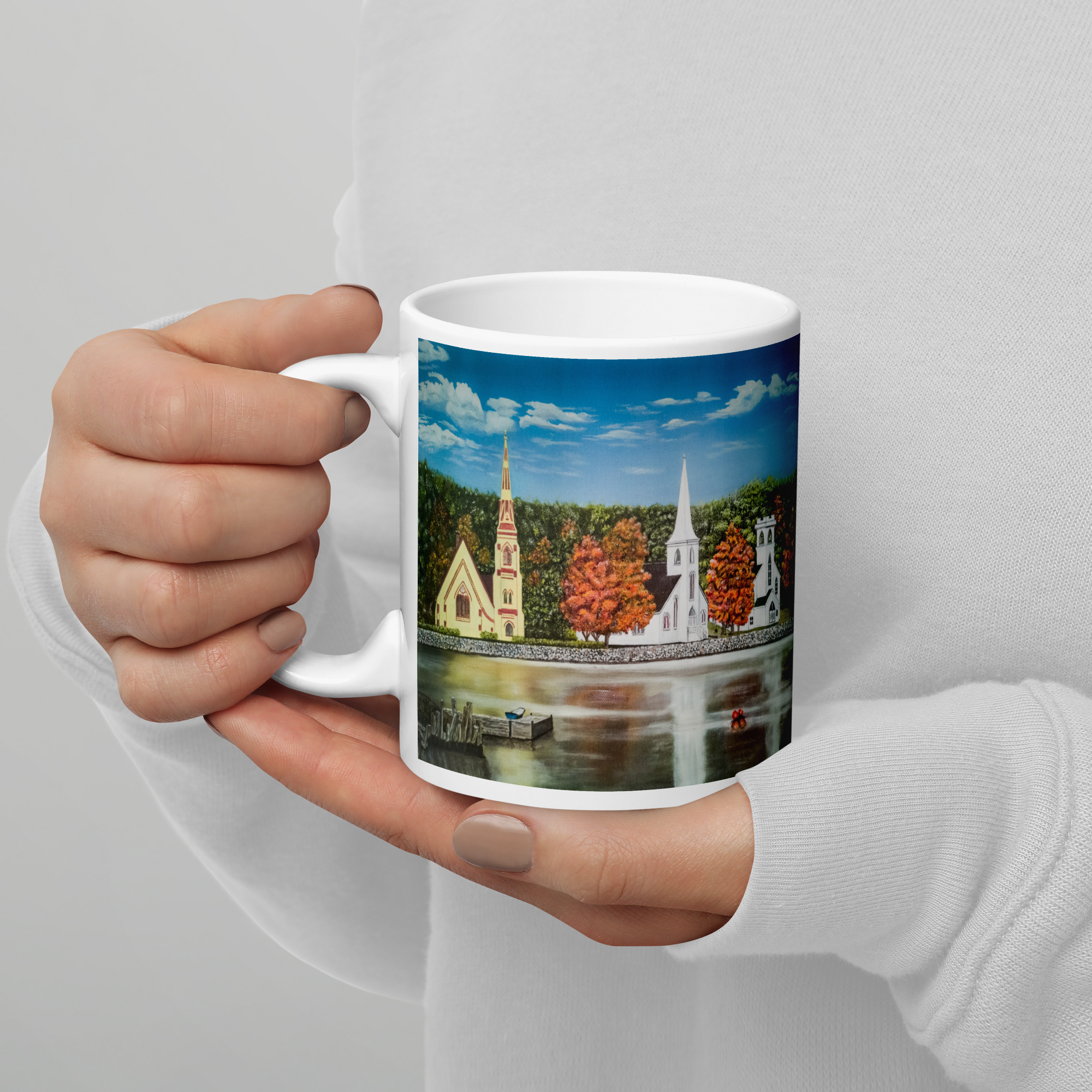 Nova Scotia landscape painting of Mahone Bay Three Churches on mug