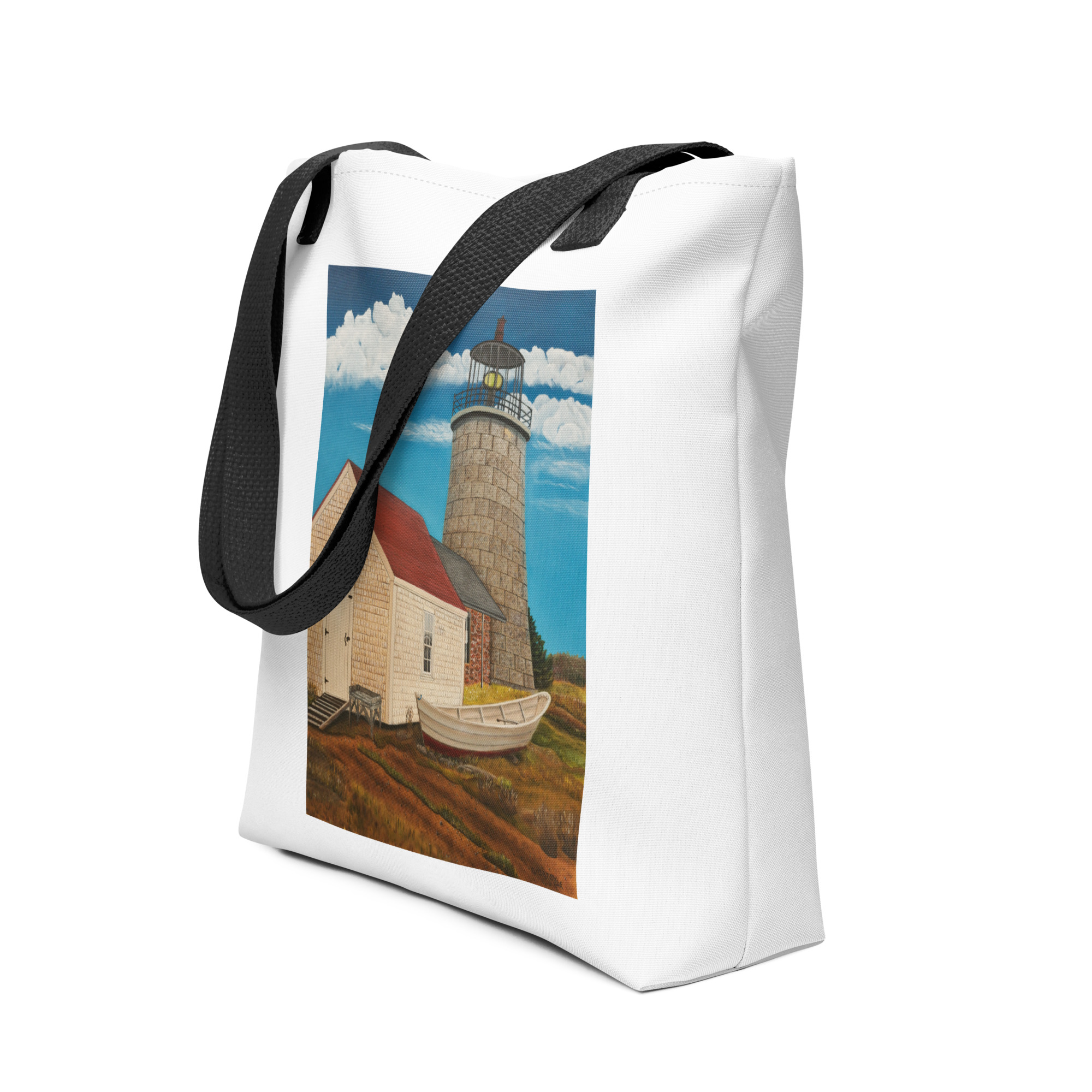 Artistic Tote bag of Monhegan Island Lighthouse, it's boathouse and wooden fishing boat.