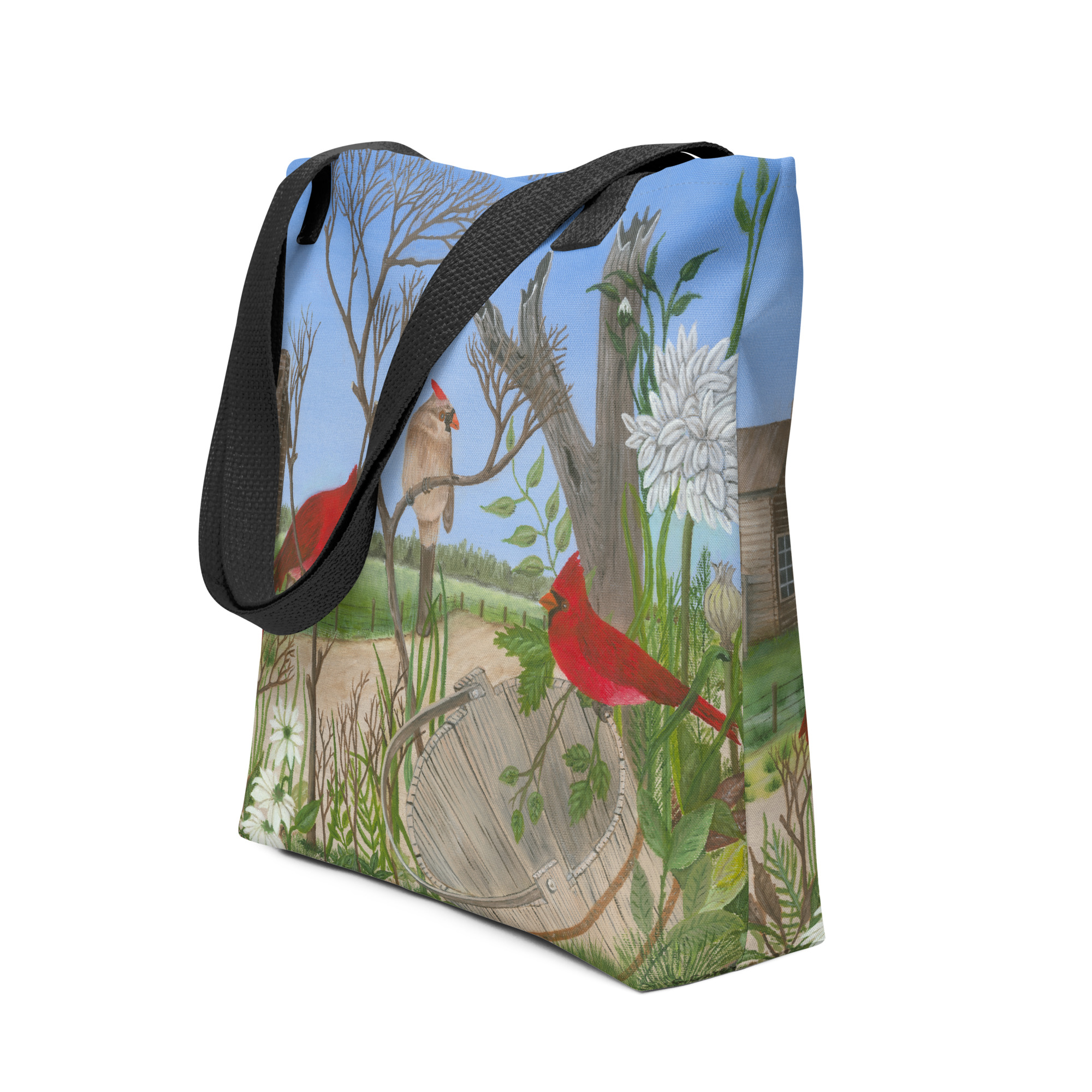 Nova Scotia landscape painting of red cardinals on tote bag
