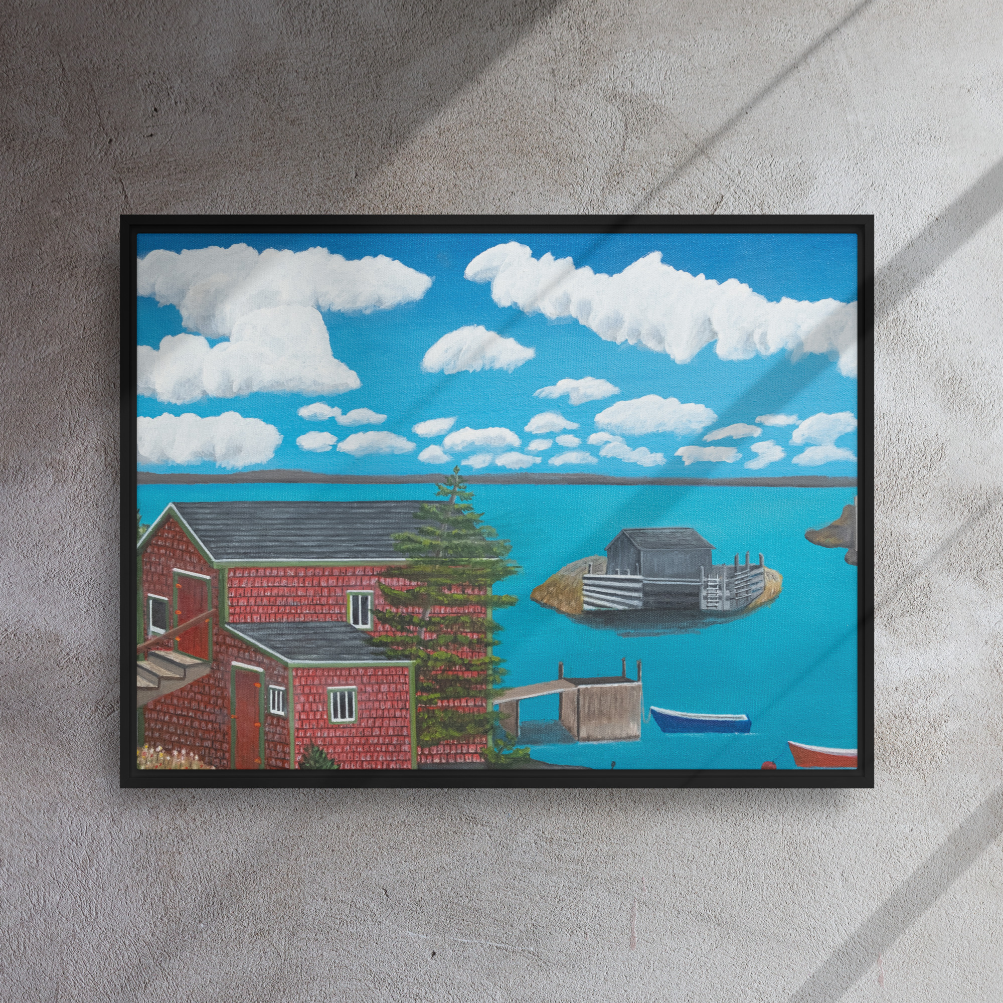 Nautical Artwork Printed Canvas, print of oil on canvas painting by Glenn Carey. "Bluerocks", a fishing community is depicted.