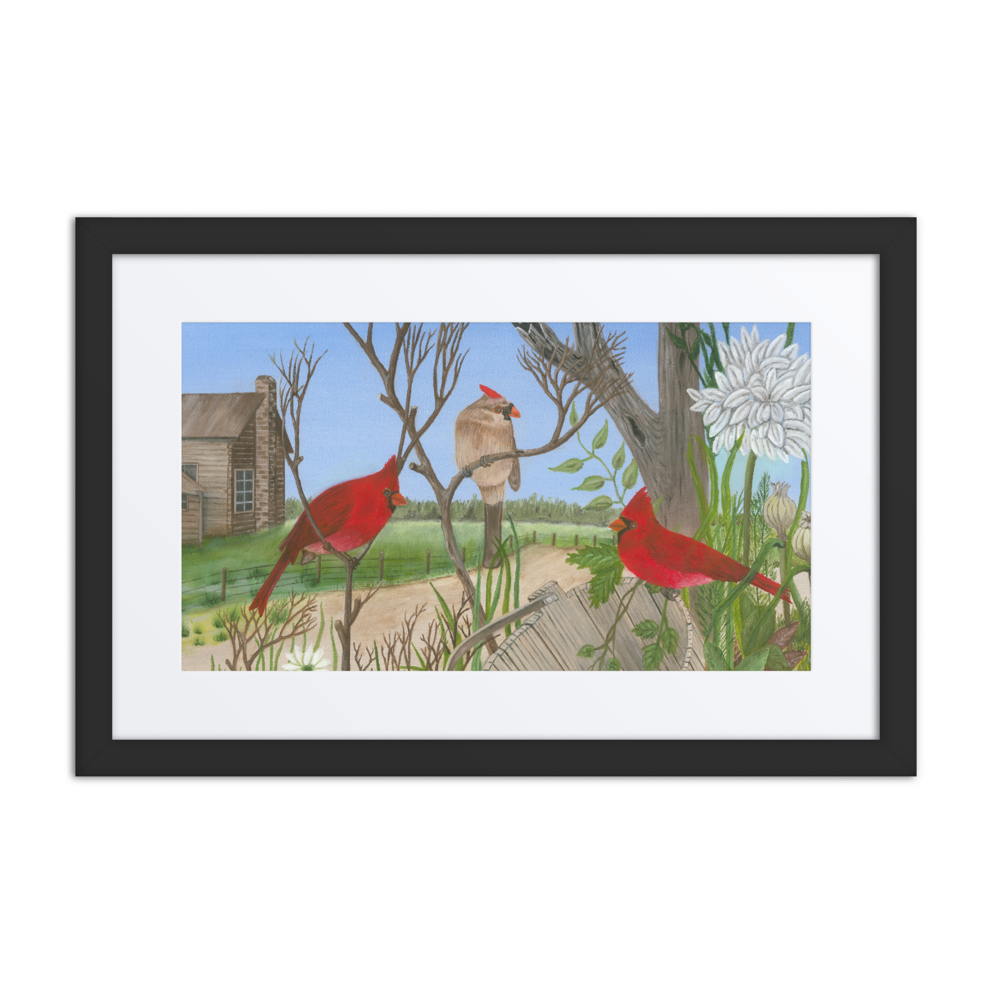 Red Cardinals Farmhouse Wall Art, painting of rustic farmhouse in background and two red cardinals in front.