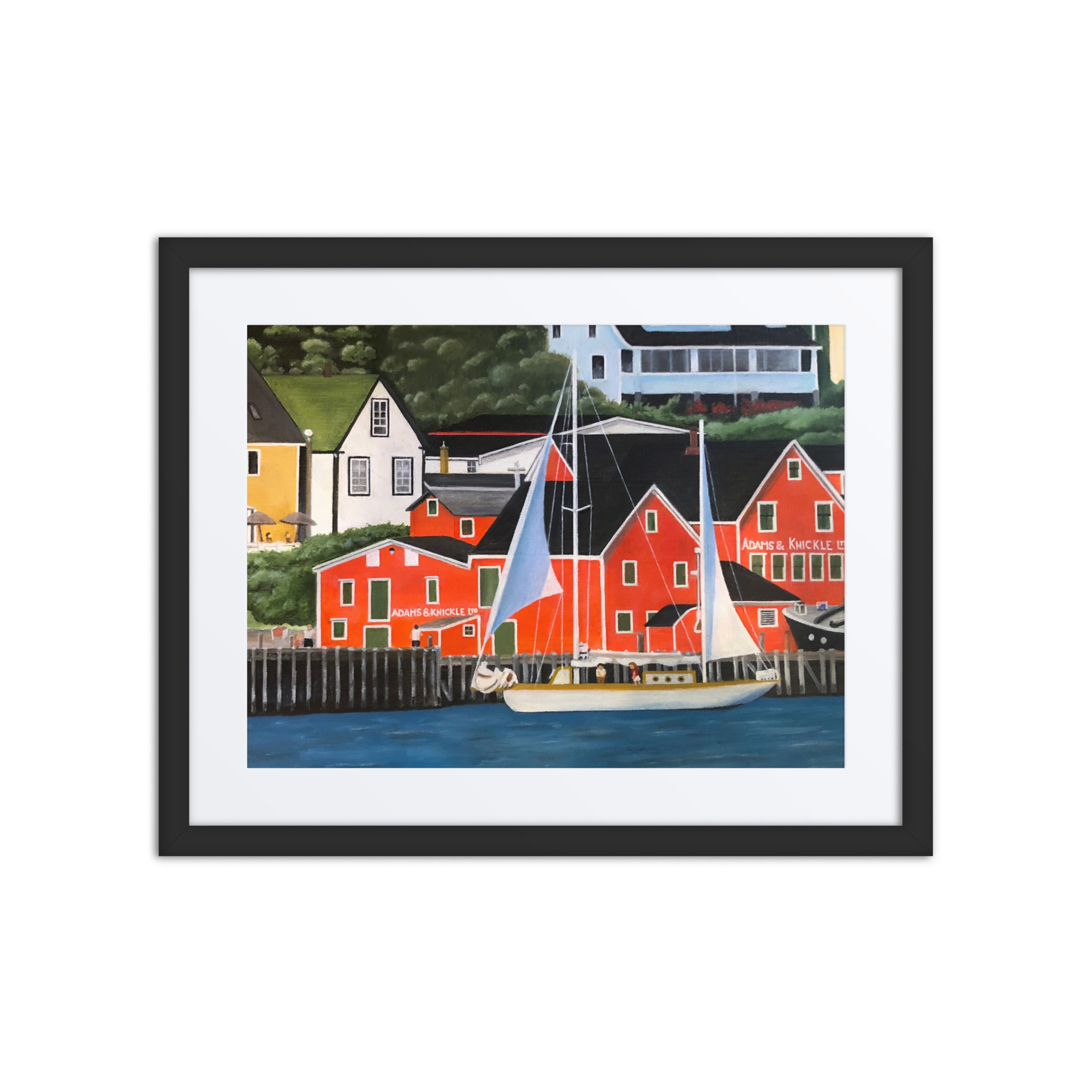 Sailboat Painting- Lunenburg Harbor, a reflection of complex history and heritage represented in an oil on canvas painting of a sailboat in the Lunenberg Harbor with the village in the background.
