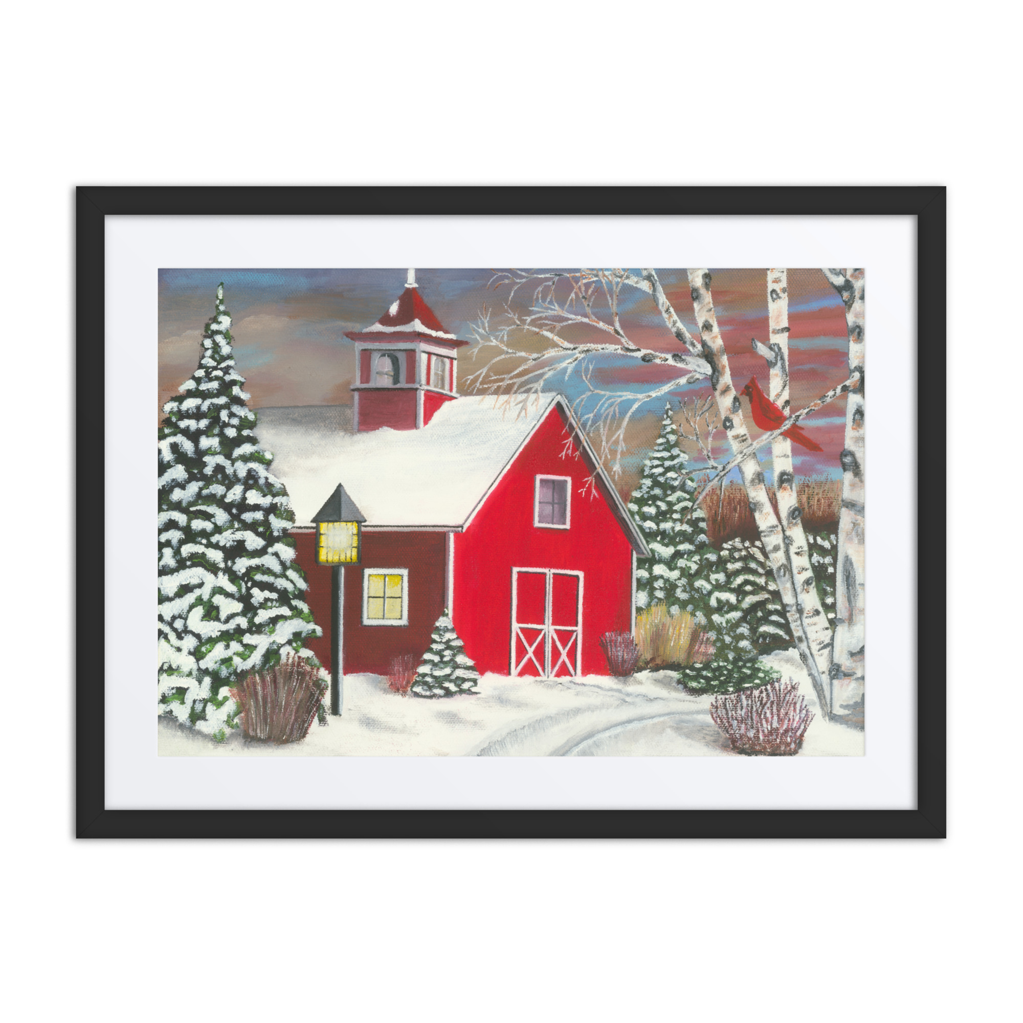Farm Paintings | Oil On Canvas Painting of a Red Barn in the snow, with birch and spruce trees surrounding the barn.