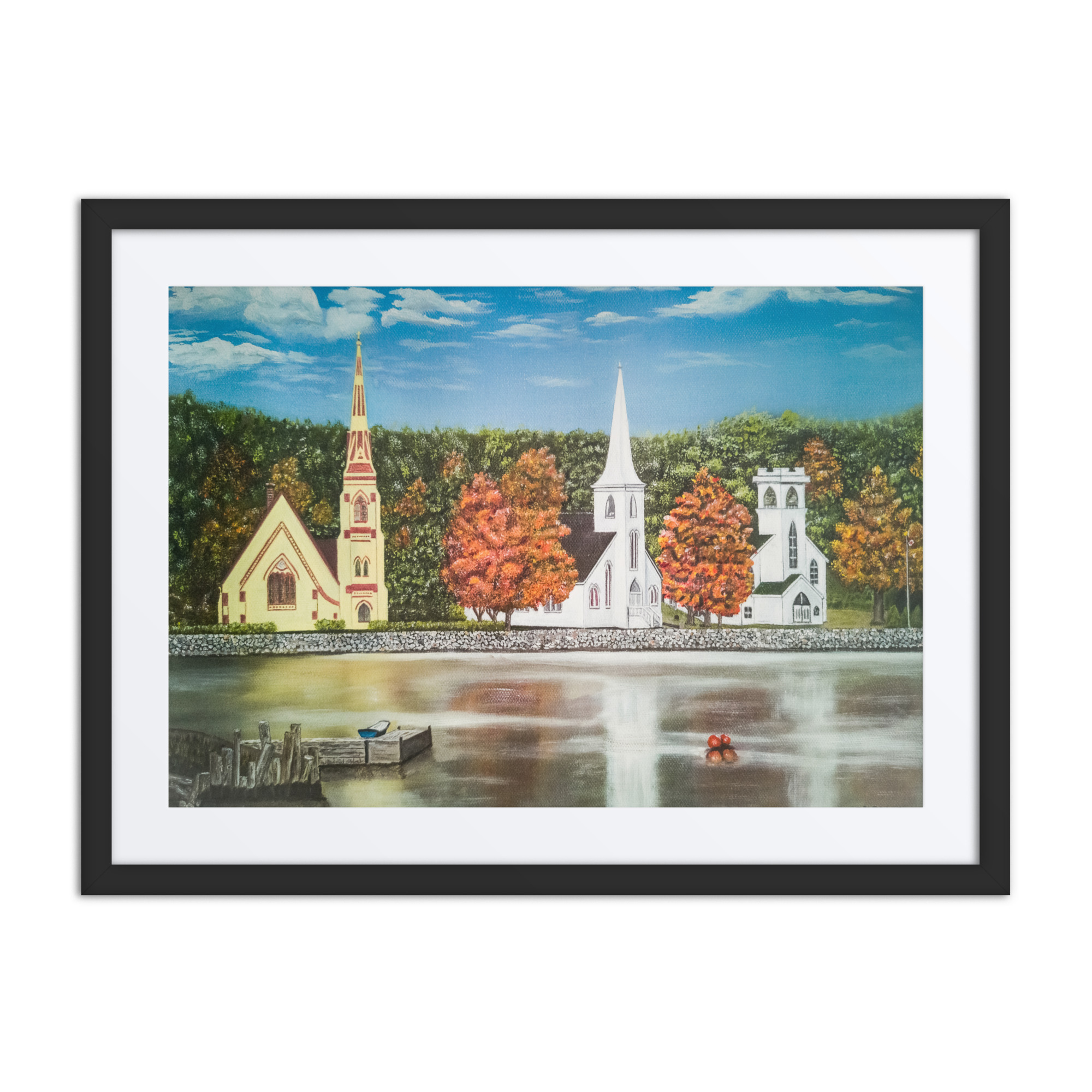 Nova Scotia Art; oil on canvas painting of the three churches in Mahone bay, Nova Scotia. The churches reflect on the calm water in the bay.
