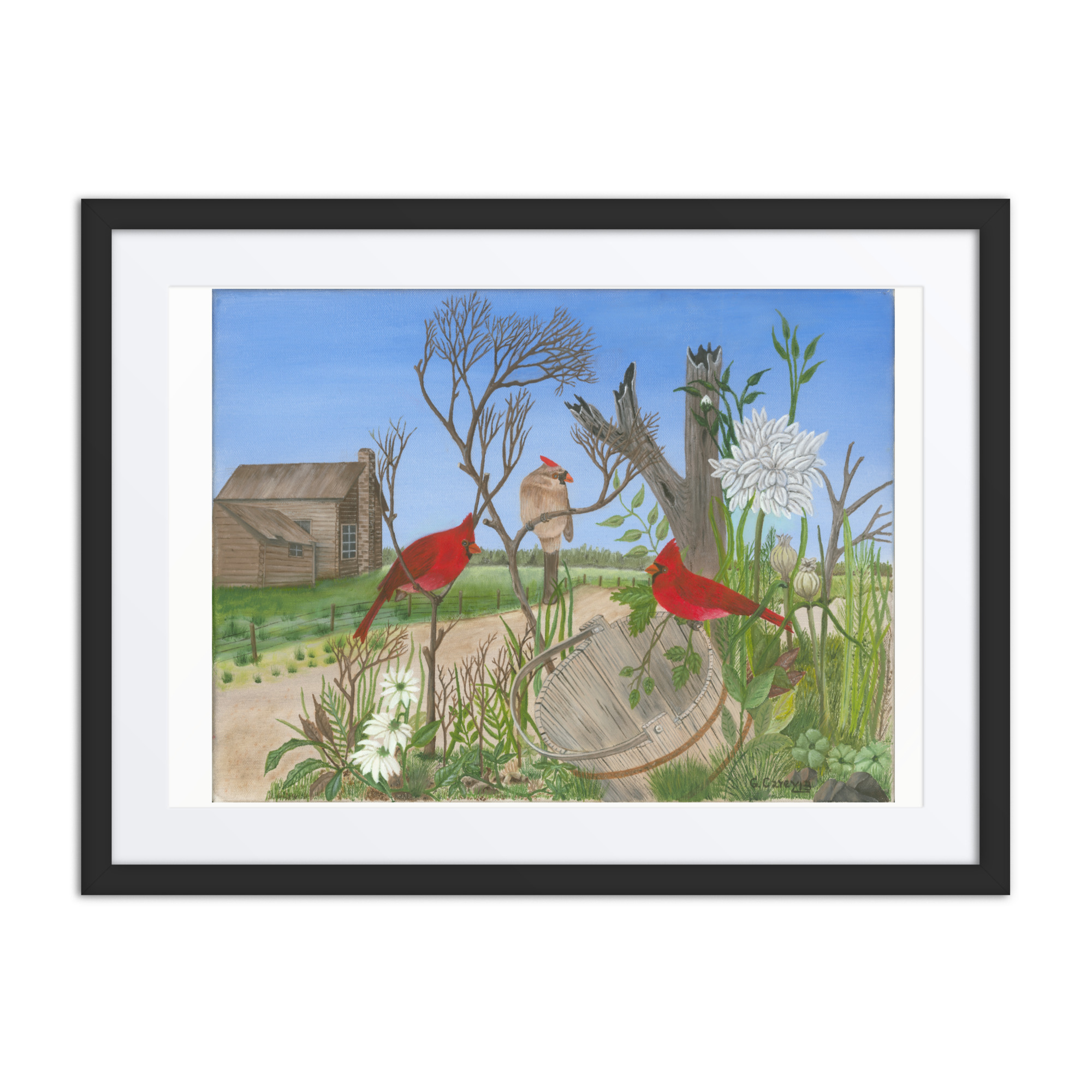 Two Red Cardinals are shown at the foreground sitting in some trees, with a classical landscape of Nova Scotia In the background, including an old farmhouse