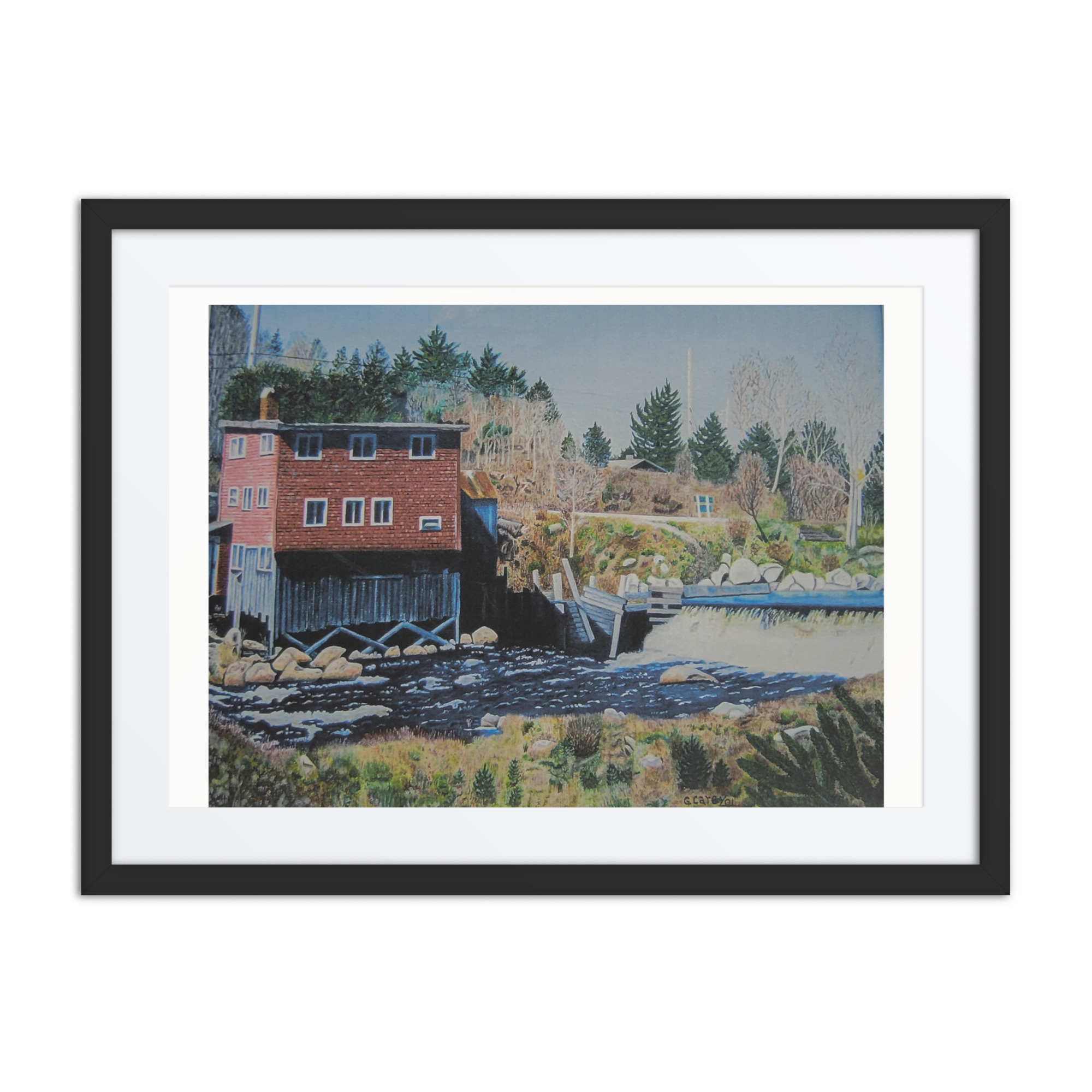 Watermills Falls Scenery Artwork, Oil On Canvas Painting of watermills falls dam and millhouse.