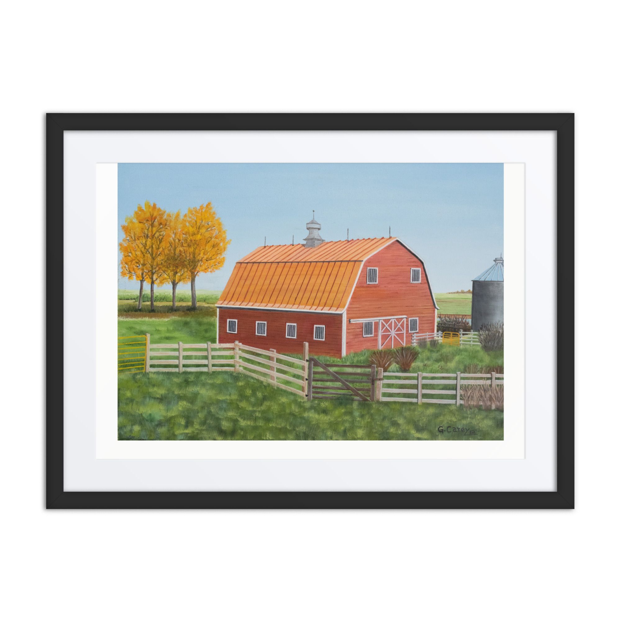 Red Barn Farm Artwork Painting with grain silo and simple fence in summertime.
